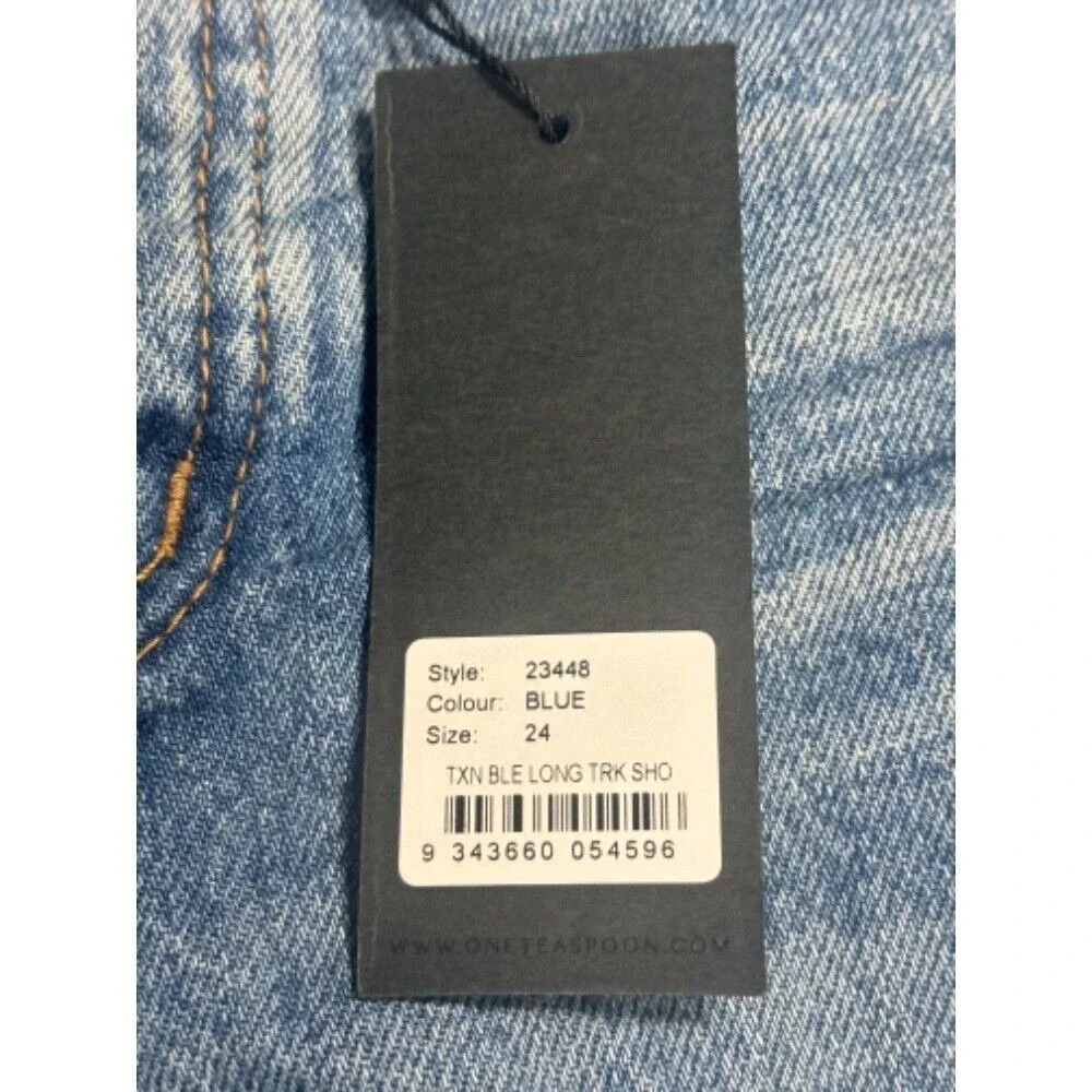 One Teaspoon NWT Long Trucker Denim Distressed Shorts in Blue Size 24‎ MSRP $135